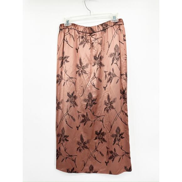 Vince Iris Floral Jacquard Twist Knot Brown Satin Midi Skirt Size 6 NWT - Picture 2 of 6